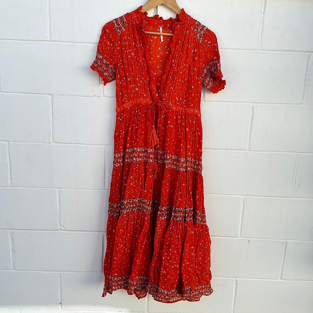 Free people red maxi dress pleated bodice tie detail